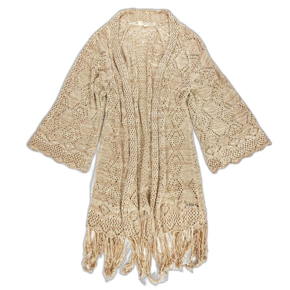 ROXY Crochet Knit Kimono Bell Sleeve Midi Duster Cardigan Boho Fringe Hem